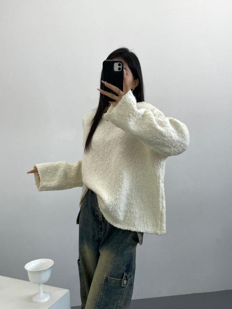 25 Winter Pearl Textured Wool Women's Loose Round Neck Sweater