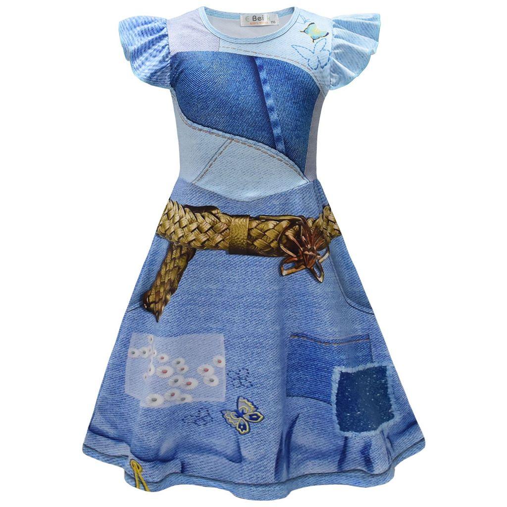 2649 Kids Girls Descendant Printed Ruffle Blue Dress 110cm