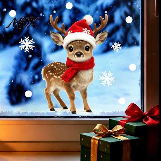 Christmas Party Home Decor Animals Static Window Stickers, Deer Bird Squirrel Hamster Snowflake Decals, Outdoor Decorations Easy Peel & Stick