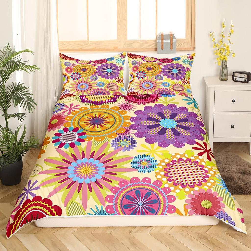 Retro Flowers King Queen Bedding Set Cartoon Vintage Floral Duvet Cover Boho Abstract Quilt Cover Soft Polyester Comforter Cover