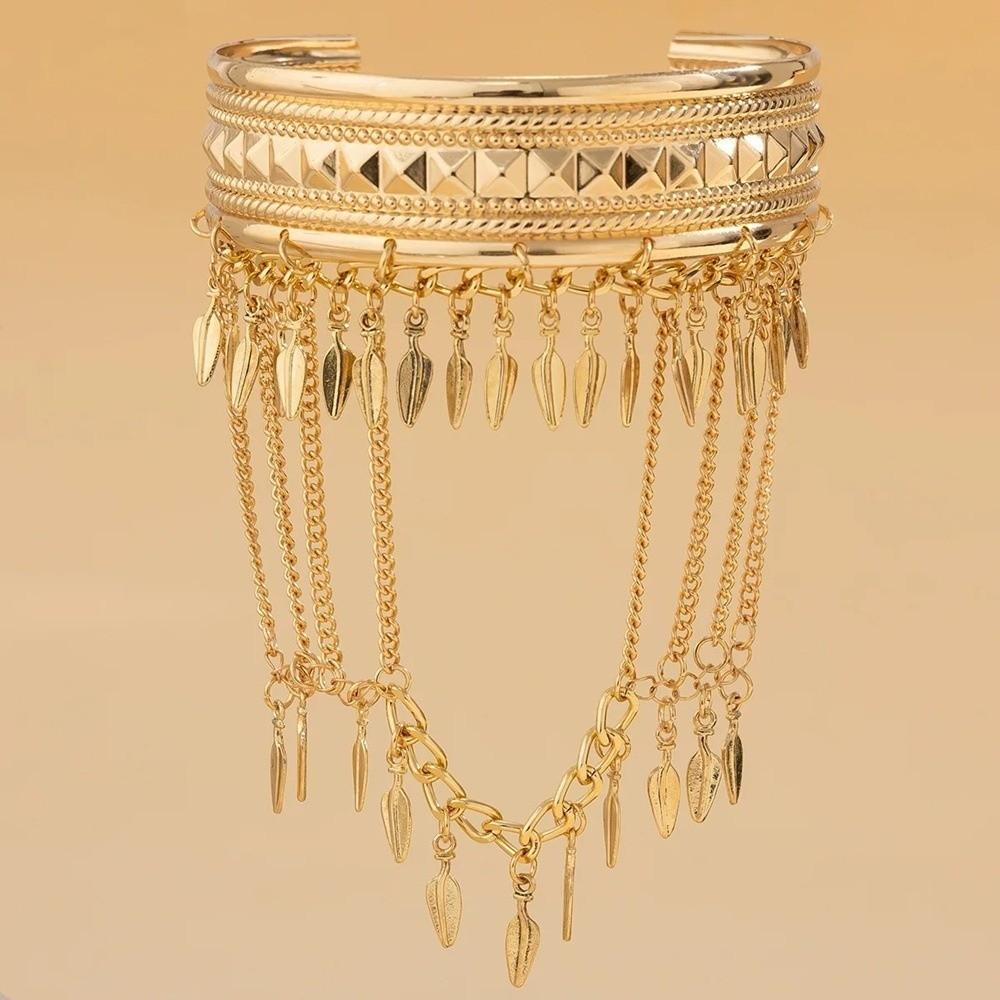 Coin Leaf Golden Metal Cuff Bangle Trendy Boho Open Armlet Creative Tassel Arm Chain  Party