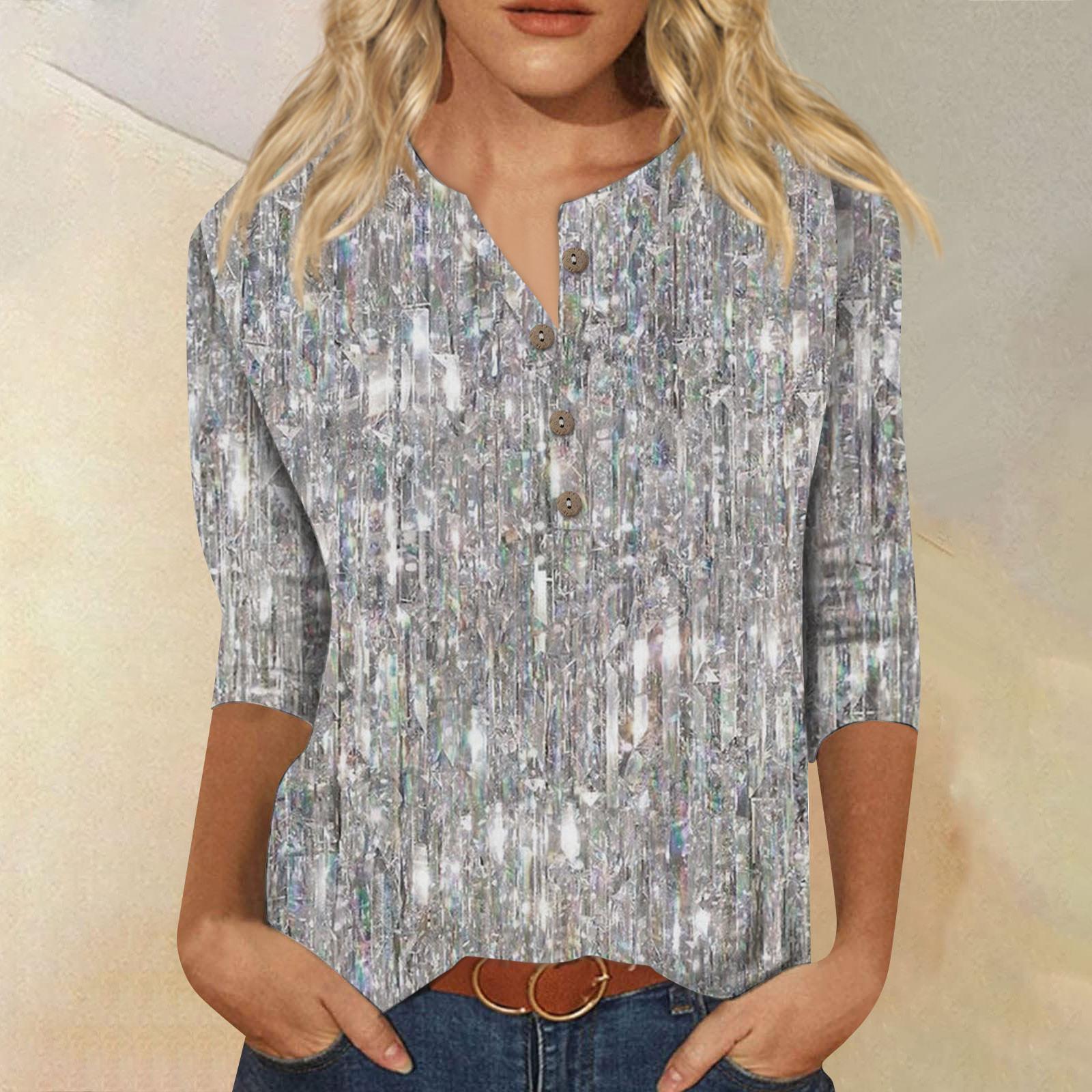 

Женская мода с блестками и принтом с семью точками, рукавами и круглым вырезом, на пуговицах, топ XL серебряный