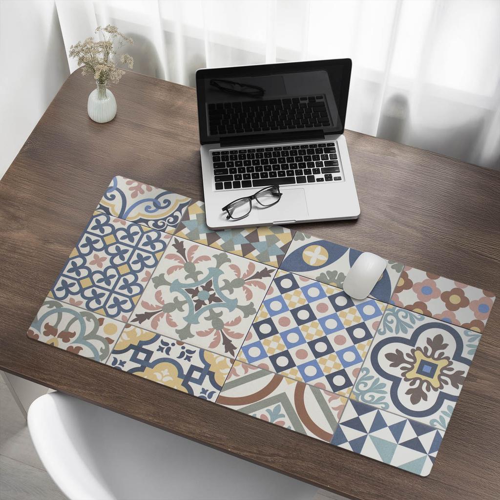 Durable Anti-Slip Desk Mat with Retro Tiles Patterns 100x50 Cm