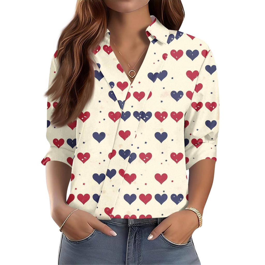 Women's 3/4-Sleeve V-Neck Shirt Printed Workwear Casual Regular Shirt Collar Top