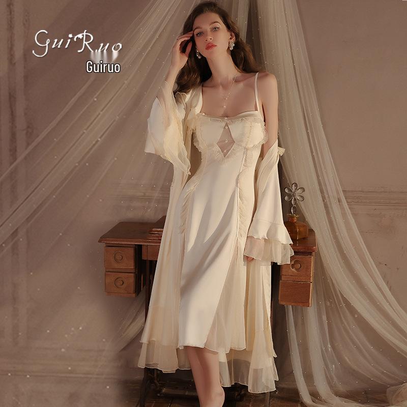 Rose Sweet Lingerie Set: Padded Camisole Dress with Tie-Front Robe