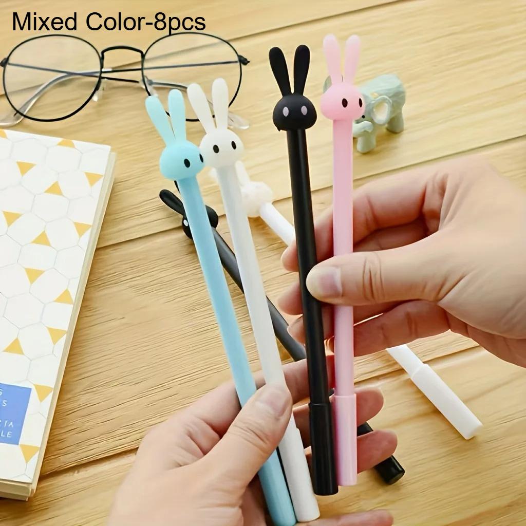 8pcs Cartoon Fresh Bunny Shaped Neutral Pen, Cute Long Eared Cute Bunny Learning Stationery Signature Pen Office Accessories black