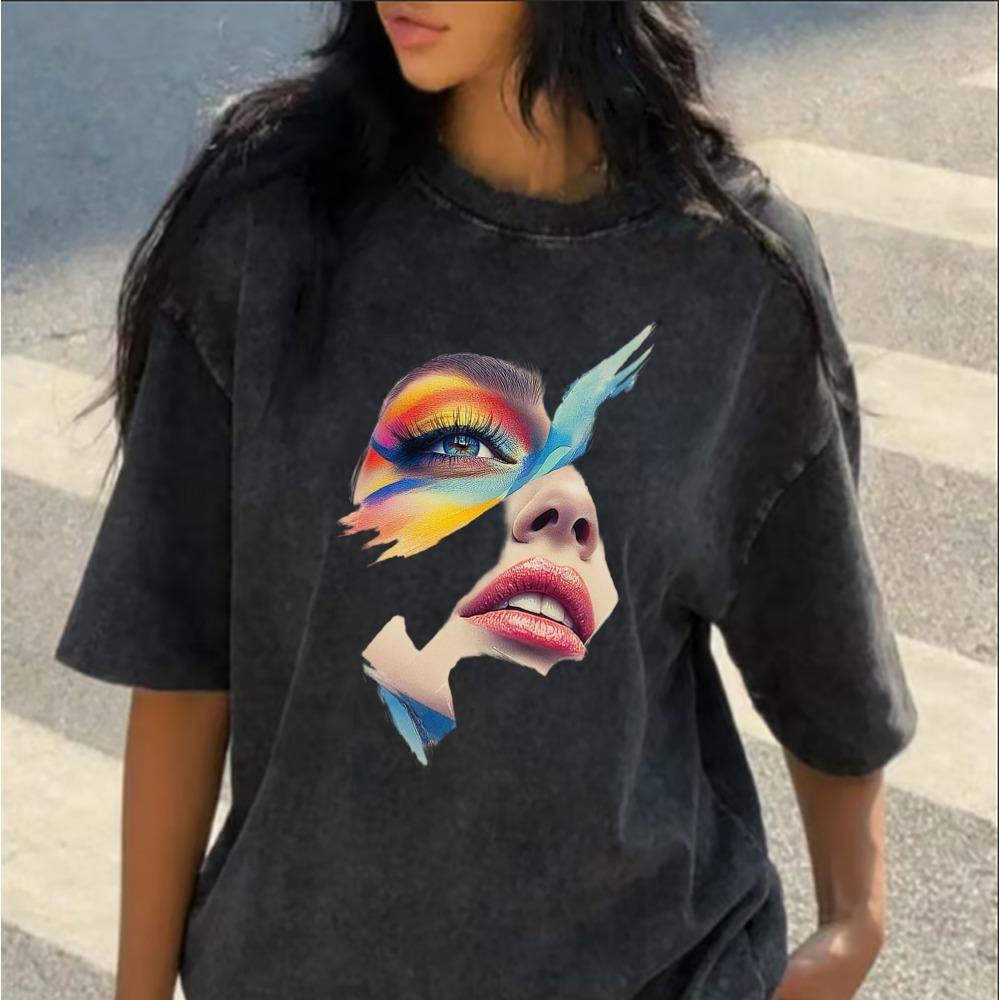 Abstract Colorful Face Art Oversized T-Shirt Washed Cotton Casual Tee Vibrant Woman Face Graphic Top S