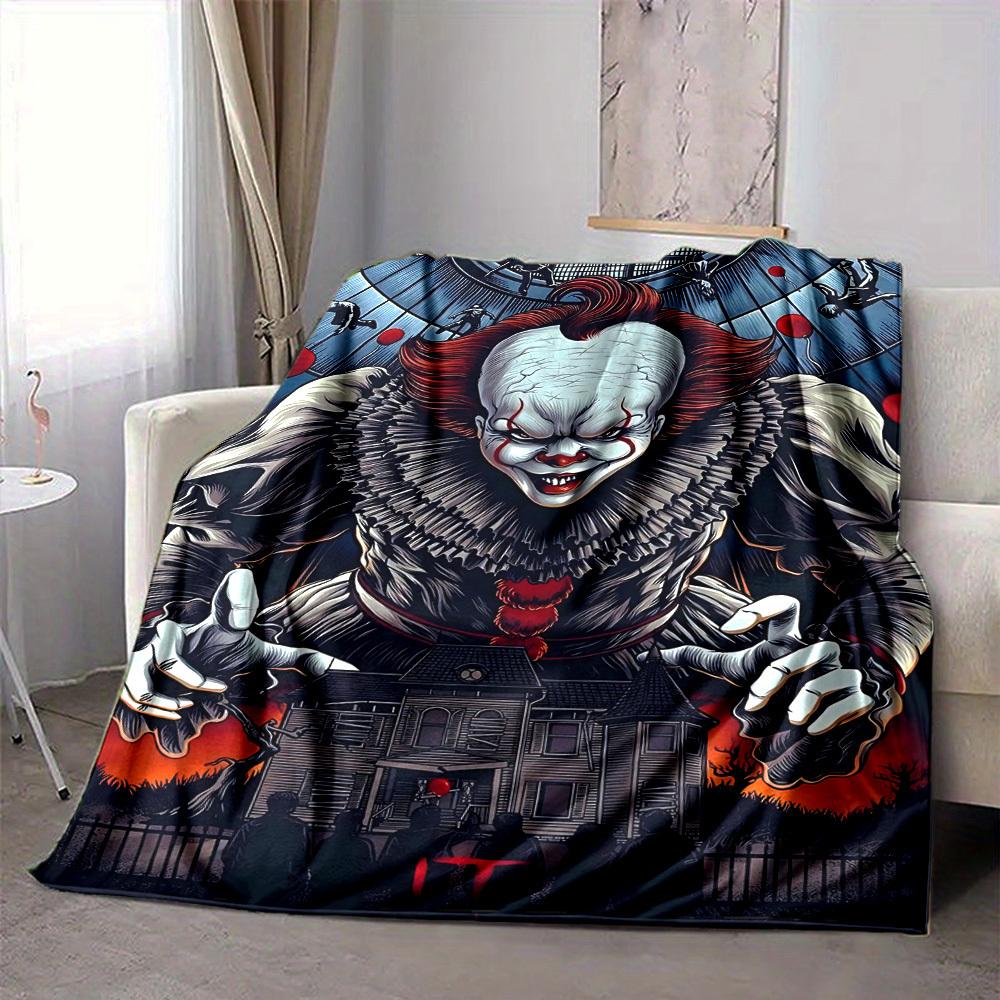 1pc It "Clown" Flannel Throw Blanket - HD Printed Lightweight Soft Warm All-Season Blanket for Sofa, Bed, Travel, Camping 019