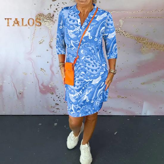 Damenkleid mit V-Ausschnitt, 3/4-Ärmeln, A-Linien-Kleid, leuchtende Farben, bedruckt, knielanges Kleid, Urlaub, Freizeitkleidung