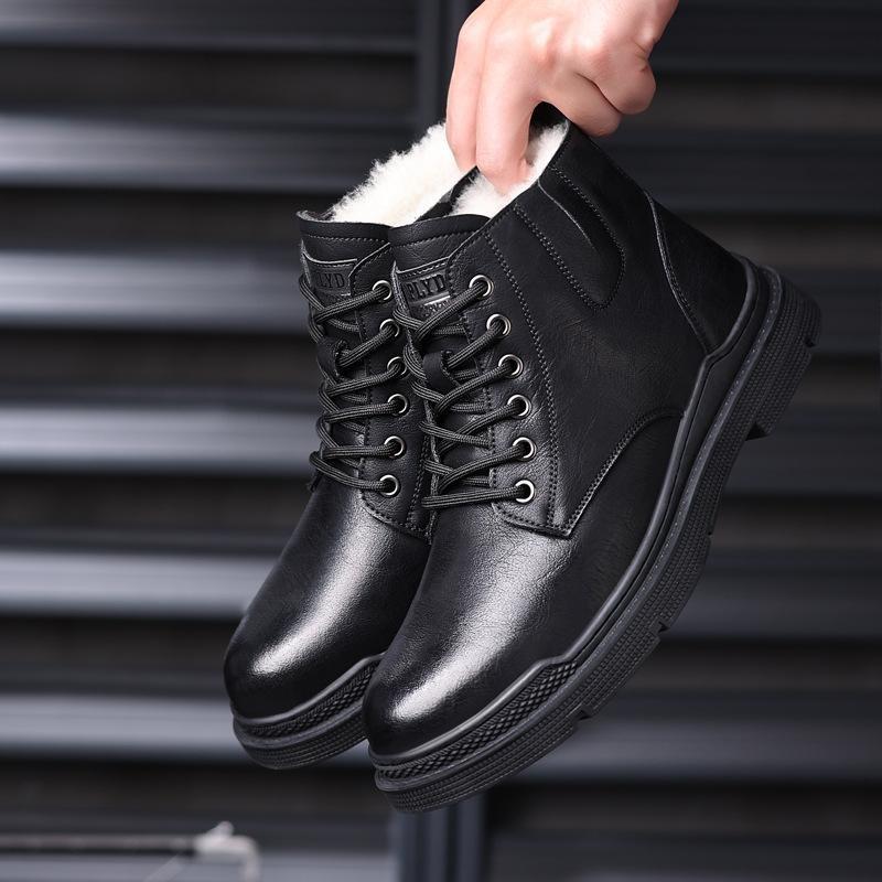 Martin Boots Winter British Style Real Leather with Fleece Lining Cotton-Padded Leather Boots Men's Retro Workwear Non-Slip Ankle Boots