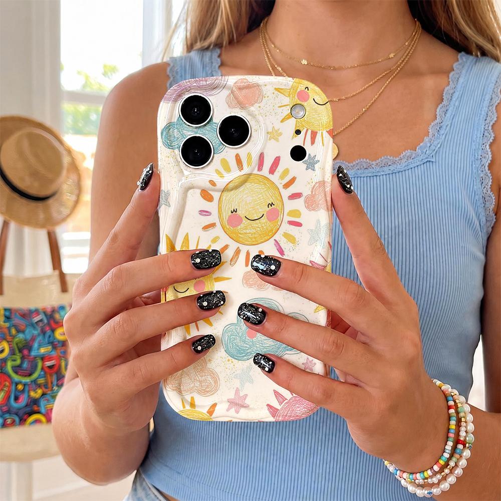 Hand-drawn Smiley Sun Cloud Frame Wavy Edge Phone Case For iPhone 16 15 14 Pro Max 13 12 11 Mini XR XS SE 2020 17 Air Cover Soft TPU