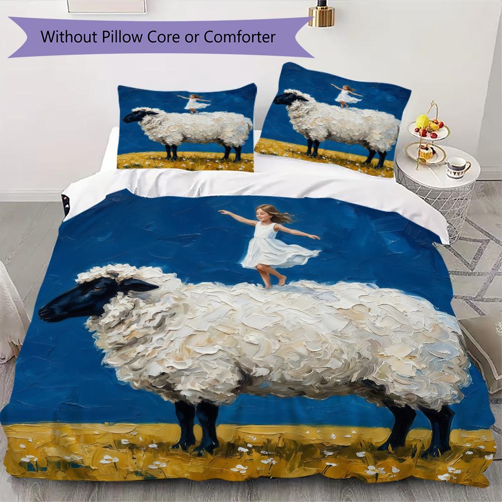 Rural Story Sheep Pattern Bedding Uilt Set Uilt Cover Pillowcase Home Decoration Birthday Gift (1 * Duvet Cover + 2 * Pillowcase Without Core)