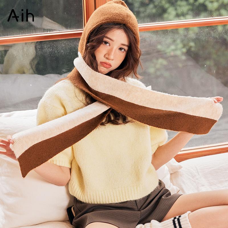Autumn and winter new hats, scarves, integrated warmth, ear protection, scarves, cycling windproof hats, women's knitted hooded color matching