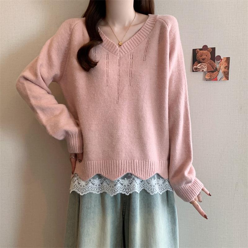French Lace V-neck Patchwork Two-Piece Knit Sweater - Loose Fit for Autumn/Winter