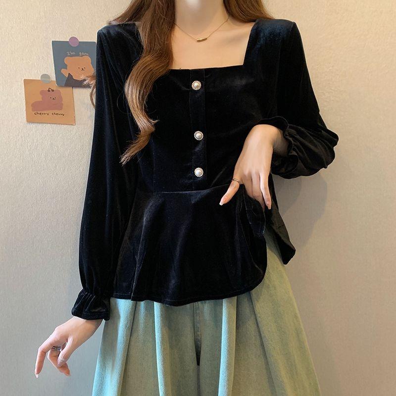 

Women s New Autumn Splicing Button Solid Color Fashionable Waist-closing Slim Square Collar Velvet Long-sleeved Top L чёрный