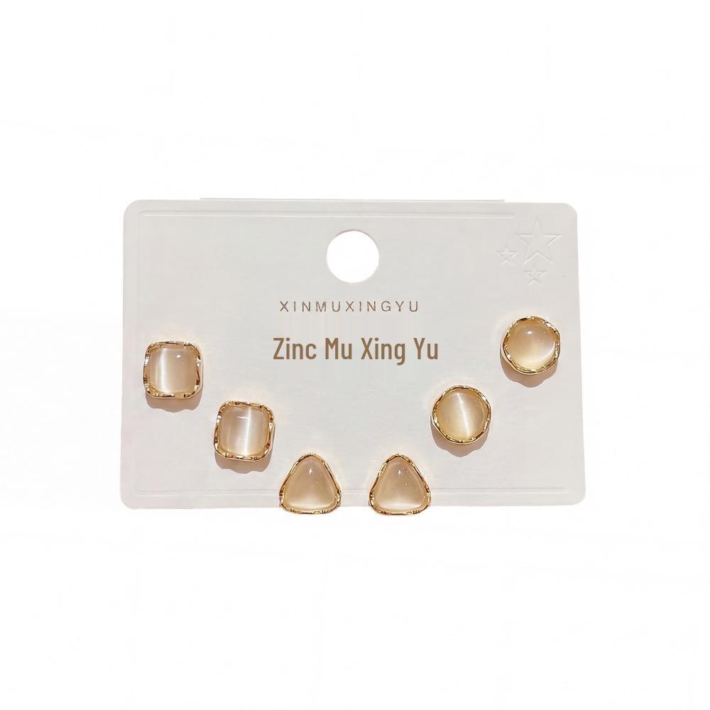 S925 Sterling Silver Geometric Cat's Eye Stud Earrings (3 Pairs) - Elegant & Simple Jewelry for Women