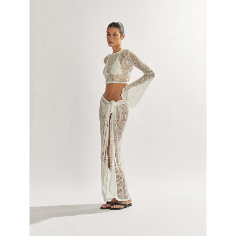 Damen Sexy Anzug Sommer Neu Durchsichtig Kurz Rückenfrei Langärmeliges Oberteil Hoch Offener Schlitz Halbkörper Langer Rock Strickware