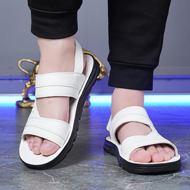 Men Black Leather Sandals Summer Brown Outdoor Hiking Sandals White Wide Head Open Toe Beach Shoes for Father Over Sized