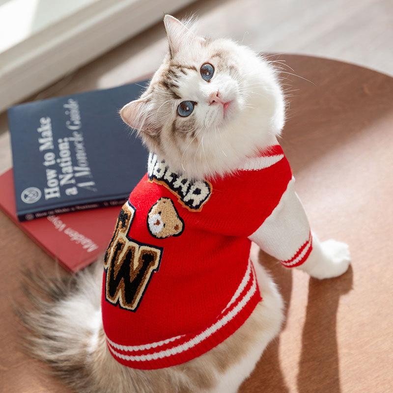 Cat Clothes Autumn and Winter Warm Fleece Baseball Jersey Sweater Cardigan Into Cat Kitten Bipedal Dog Pet Clothing