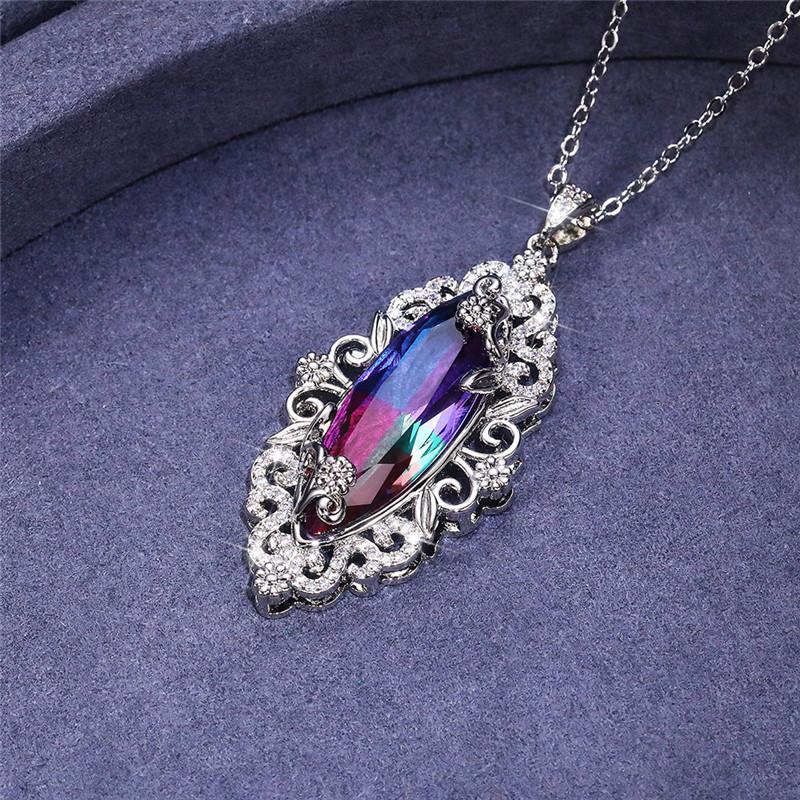 Silver Plated Marquise Cut Multicolor CZ Pendant Necklace, Ornate Floral Halo Cable Chain Necklace for Women