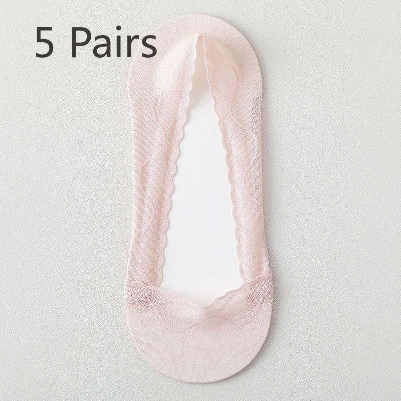 5 Pairs of Women's Summer Thin Wicking Cotton Bottom Invisible Shallow Mouth Non Slip Lace Boat Socks