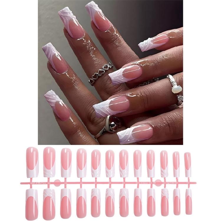 24 Pieces Square Shaped Nail Tips with French Tip 3D Stripes Designs Glossy Stick On Nail for Various Occasion