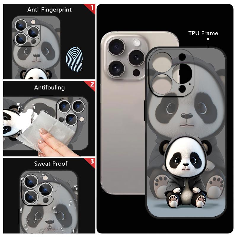 For iPhone 17 Pro Max Case Black Coat Panda Pattern Soft Silicone Lanyard Cover For iPhone 16 Pro Max Cover iPhone 15 14 13 12 11 16E Air