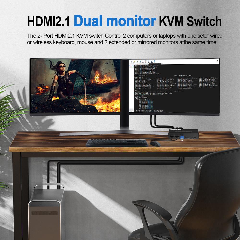 8K60Hz 4K120Hz HDMI USB 3.0 KVM Switch 2 Port Dual Monitor Extended Display KVM Switcher