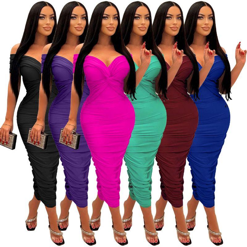 

2025 Sexy Solid Color V-neck Pleated Dress Color blue M
