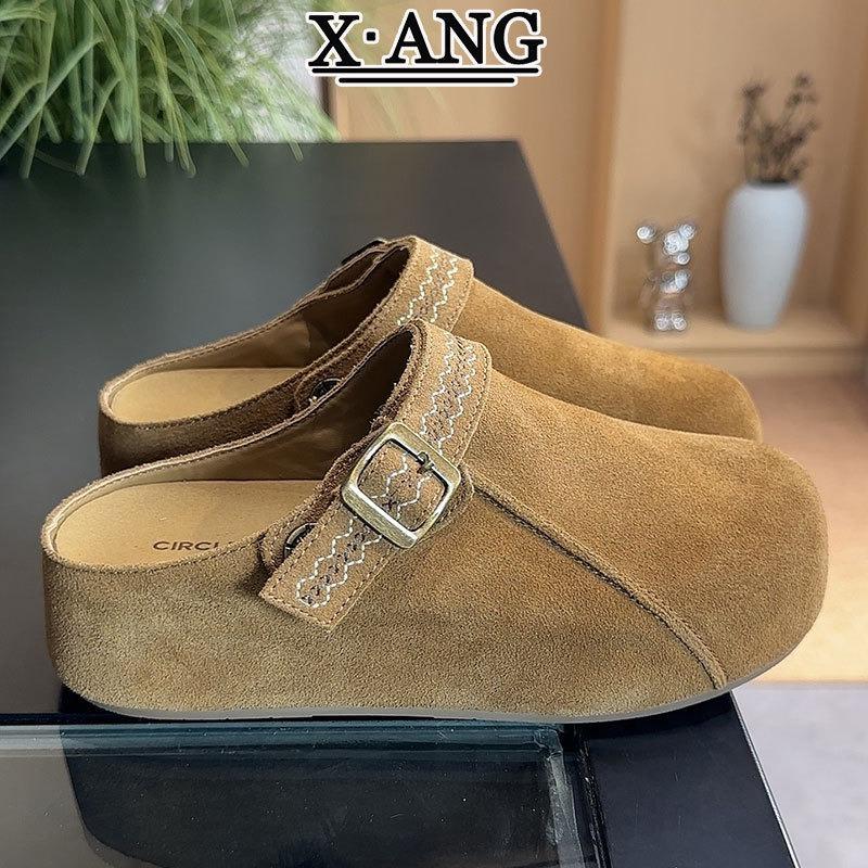 inner height increase thick-soled cowhide version bag head, outer wear half slippers, autumn new one-pedal women's shoes