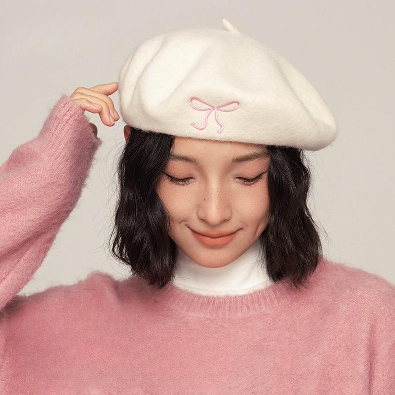 Autumn and Winter Korean Style Cute Bow Embroidered Woolen Beret Simple and Versatile Japanese Style Sweet Style Painter Hat