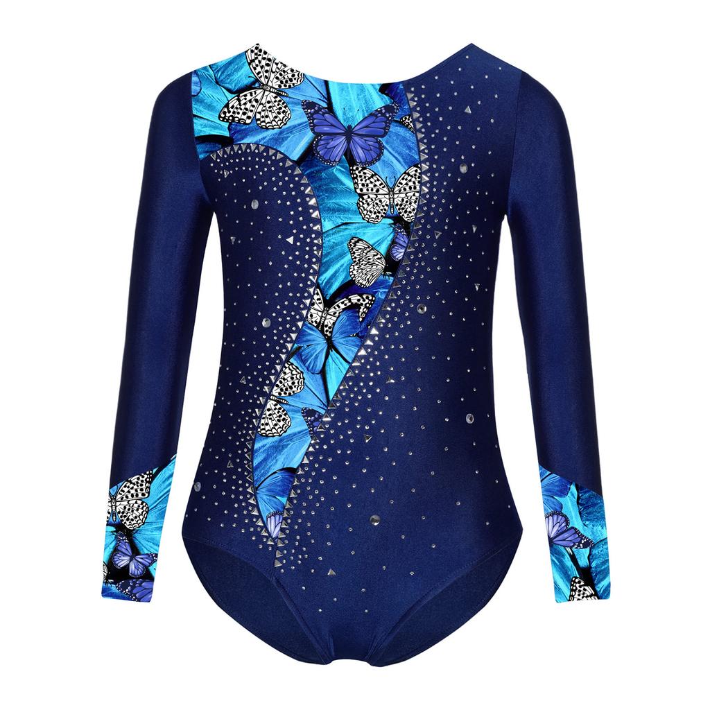 Mädchen Turnanzug Gedruckt Patchwork Glänzende Strassstein-Verzierung Langarm Overall Bühnenkostüm