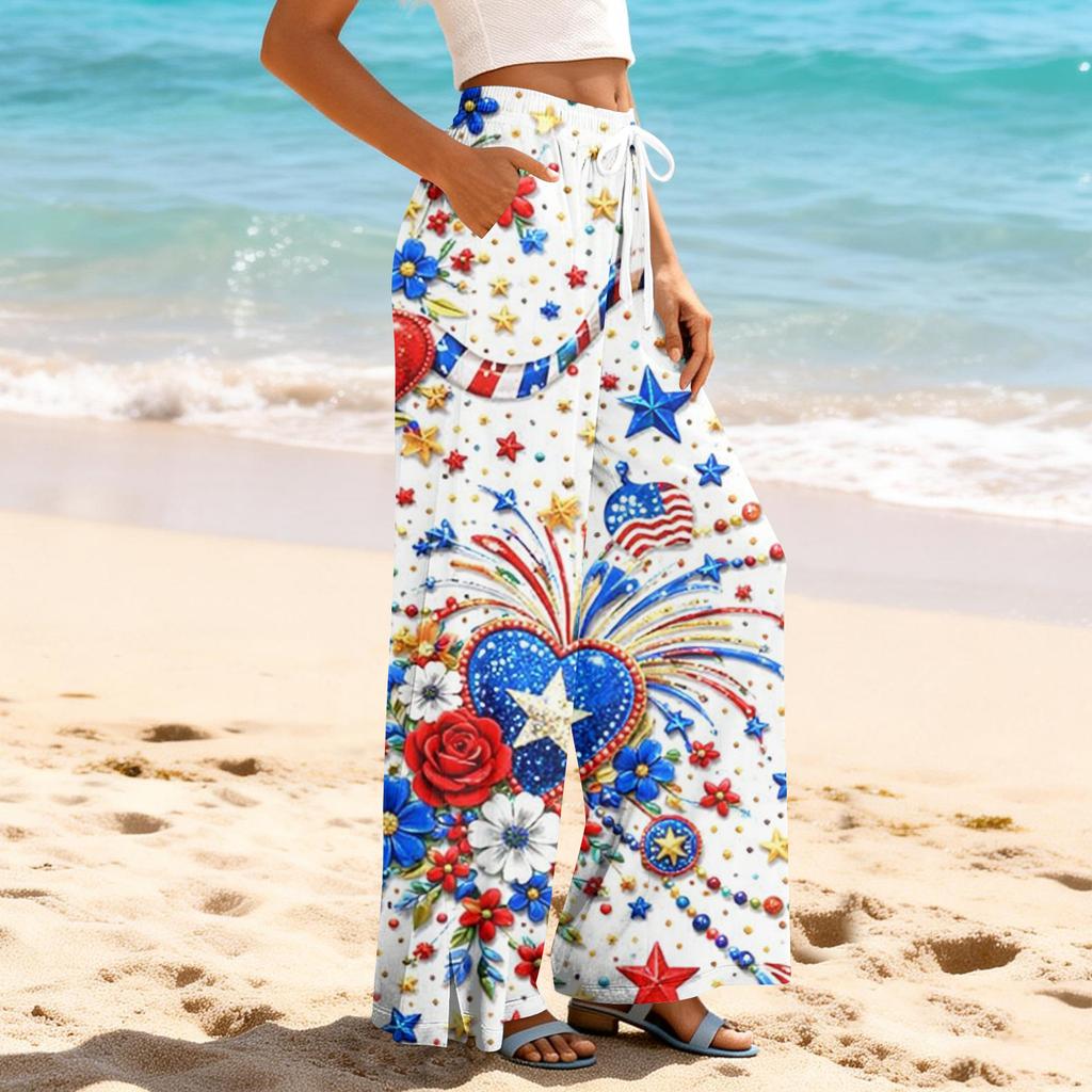 Dámské letní boho palazzo kalhoty s vysokým pasem a širokými nohavicemi, tisk, ležérní kalhoty s kapsami