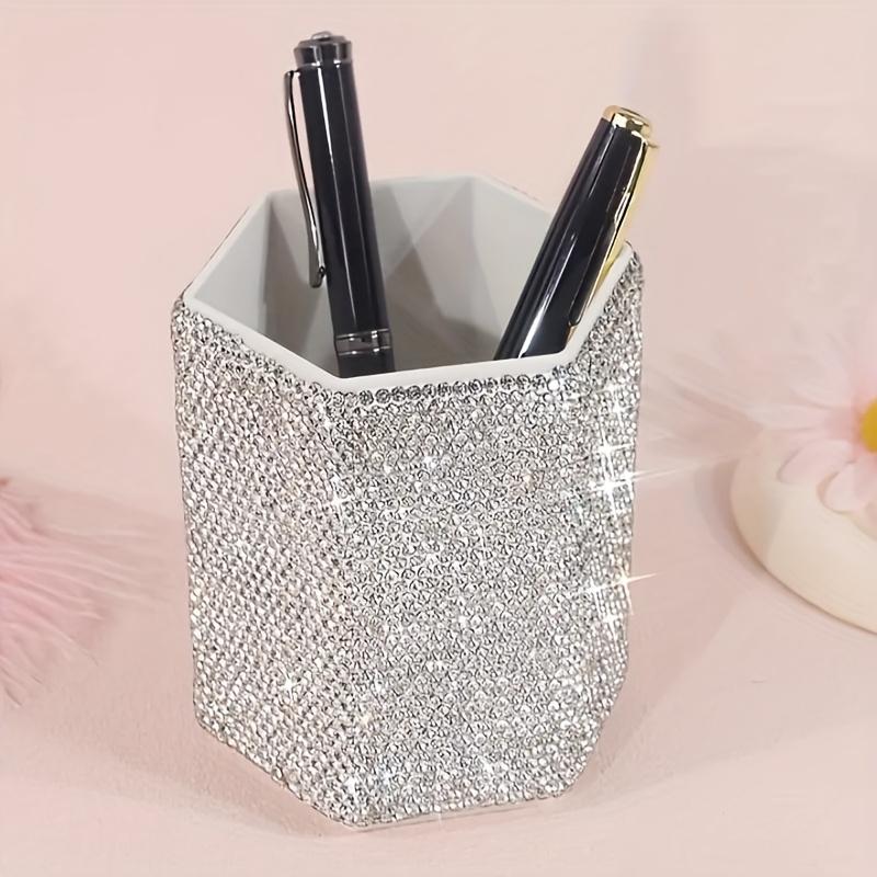 1pc Hexagonal Rhinestone-Embellished Storage Box - Portable Plastic Organizer for Makeup Brushes, Pens, Bathroom & Office Desk Accessories
