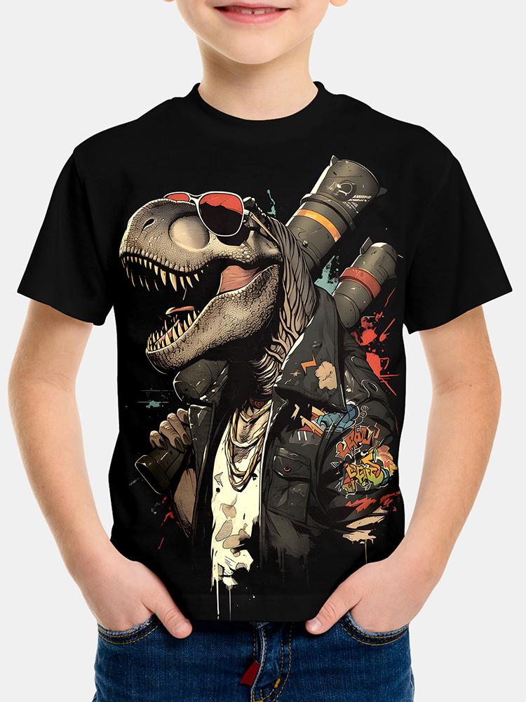 3D Print Digital Dinosaur Boys Creative T-shirt, Casual Lightweight Comfy Short Sleeve Tee Tops, Kids Clothings For Summer