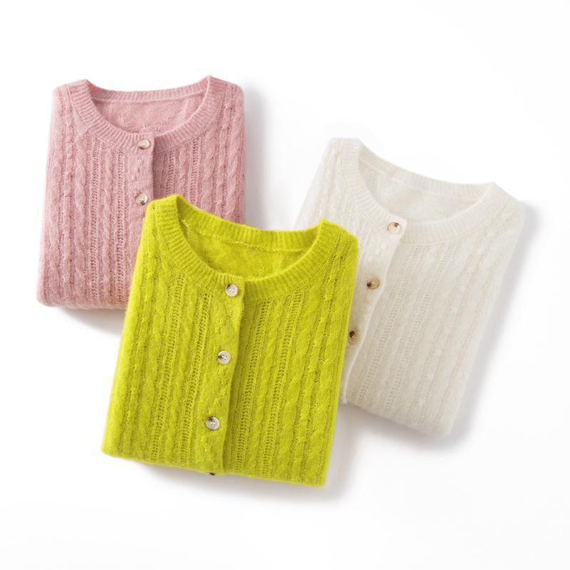 Women's Cashmere Silk Cable Knit Cardigan - Round Neck, Solid Color, Warm Mulberry Silk Sweater.