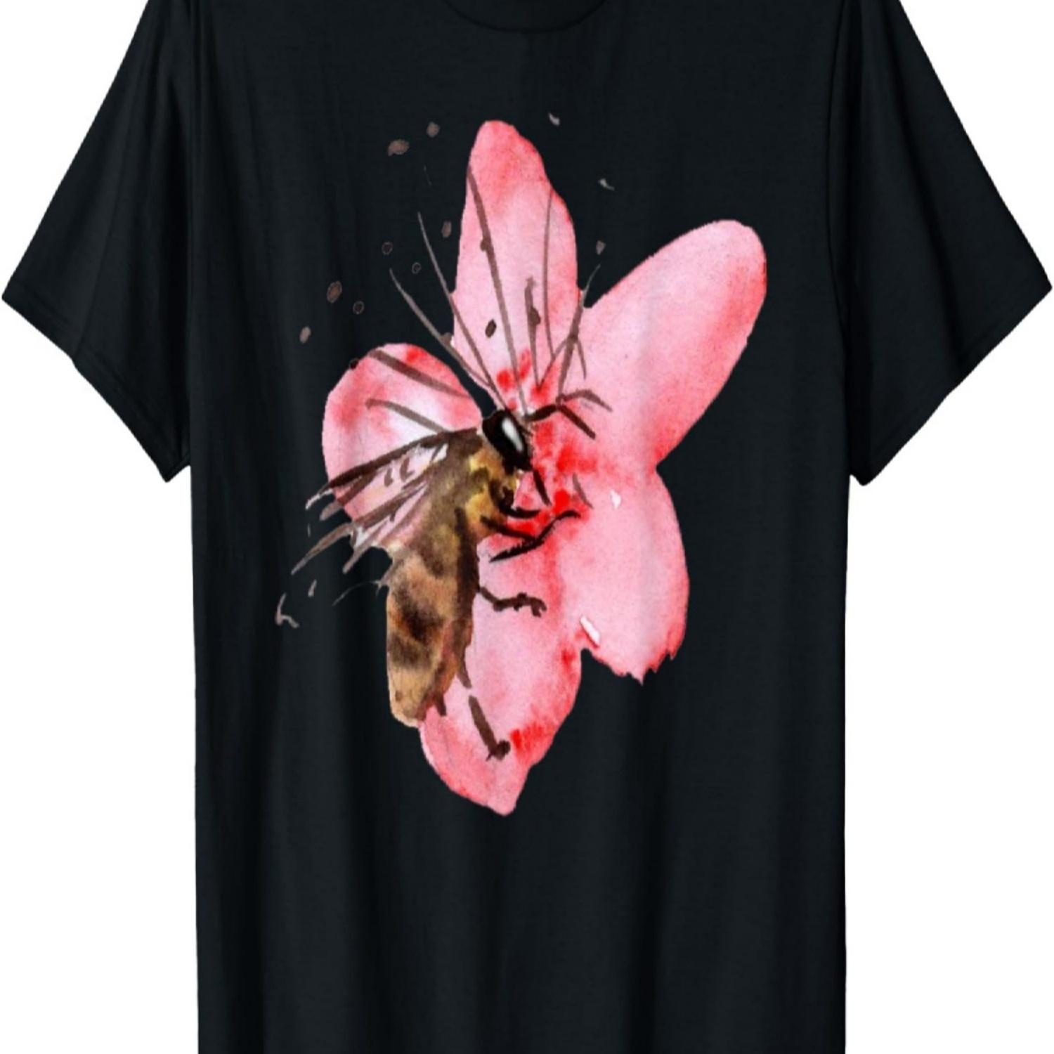 Watercolor Cherry Blossom With Bumble Bee T-Shirt S чёрный