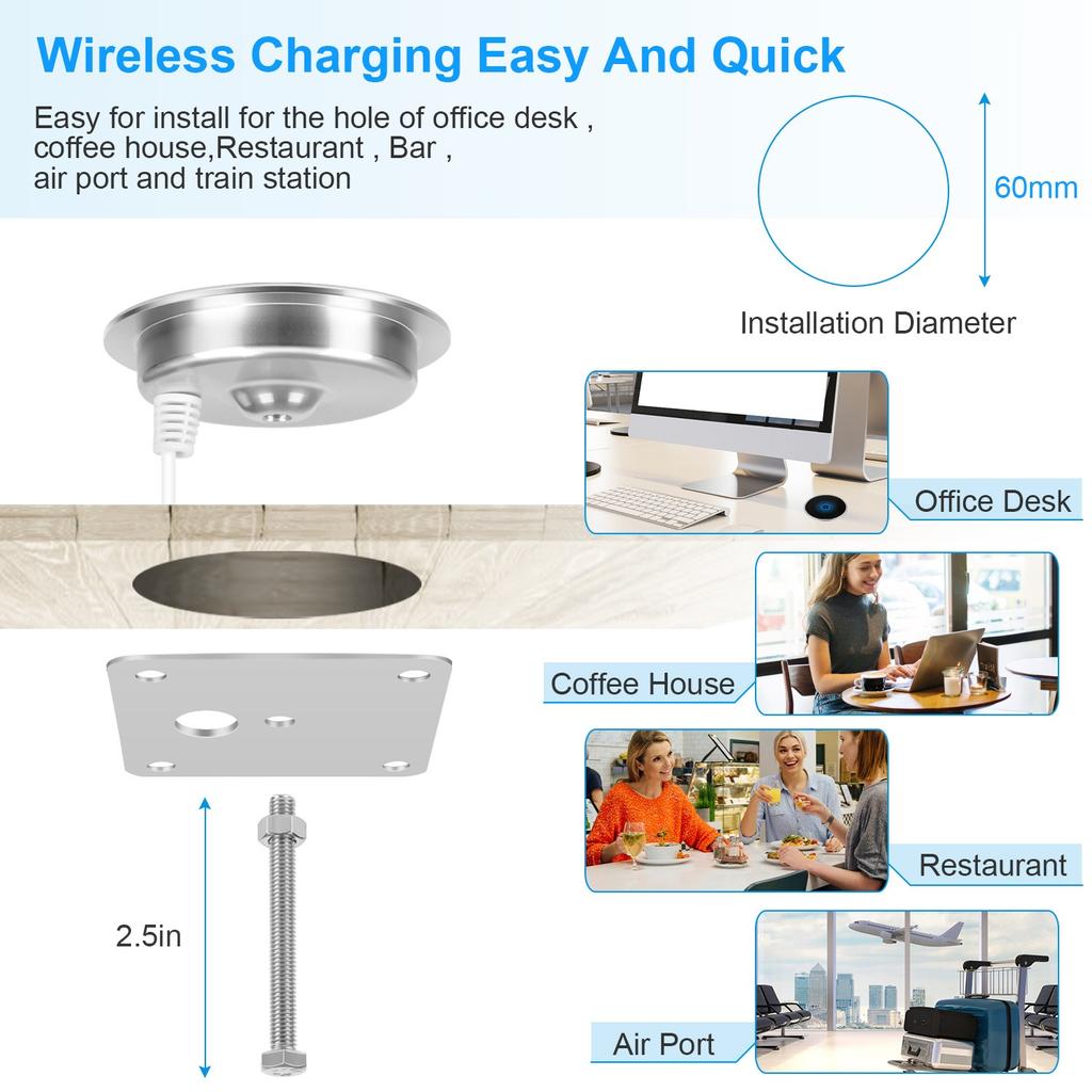 QI Wireless Charger Waterproof Aluminum Mirror Built-In for iPhone13-15 Pro Max Office Public Desktop Wireless Charger Built in