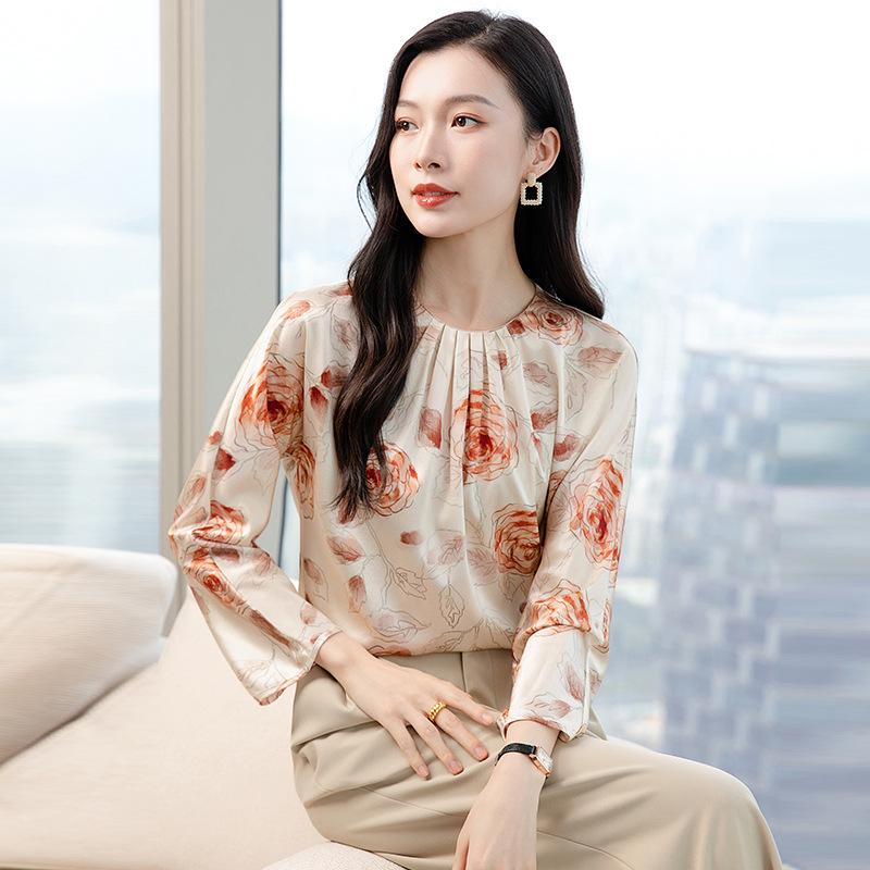 

Шелковая рубашка с длинным рукавом 2025 - Весенний модный принт, корейский стиль, омолаживающий топ A3639 XXL розовый