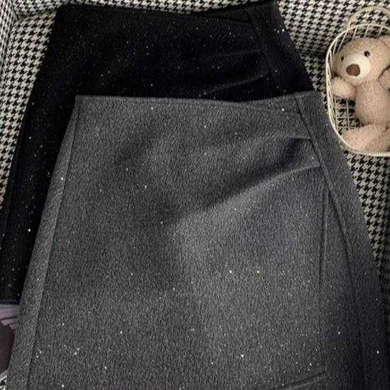 French Chic Glitter Bodycon Pleated Wool Blend Mini Skirt - High-Waisted Irregular Design for Autumn/Winter