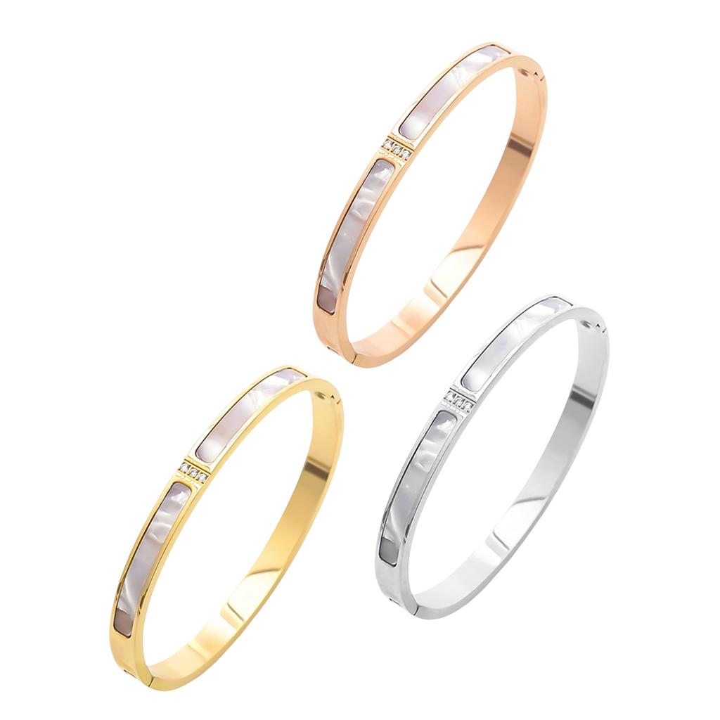 Alloy Bangle With 3 Shining Diamonds and White Shell Accent Fashion Accessory for Stylish Everyday Jewelry Pieces