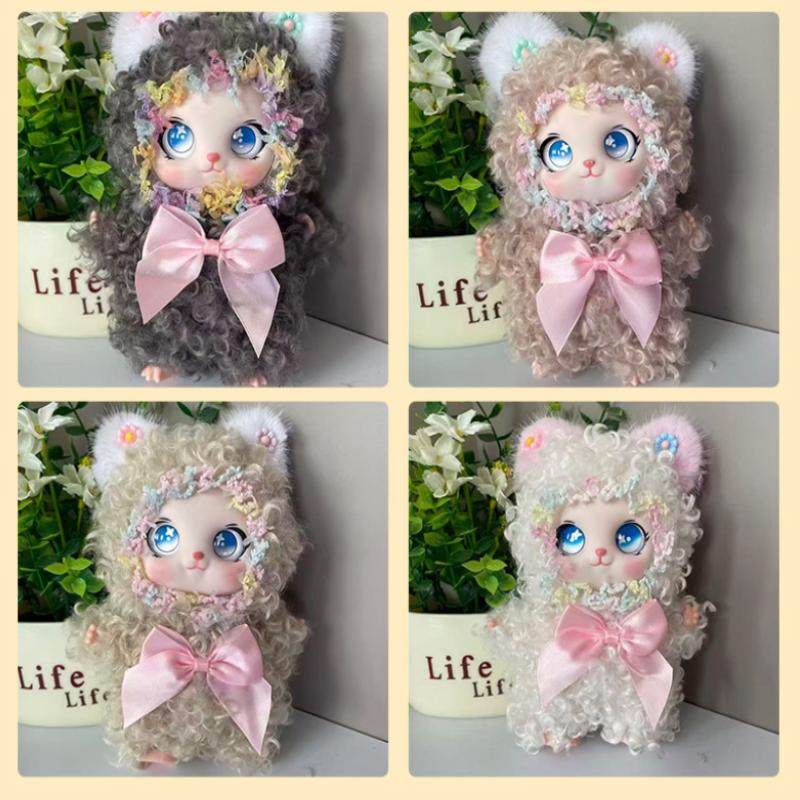 1Pcs Cute Curly Hair Plush Cat Doll Keychain Kawaii Flower Wreath Stuffed Toy With Bow For Bag Charm Kids Gift