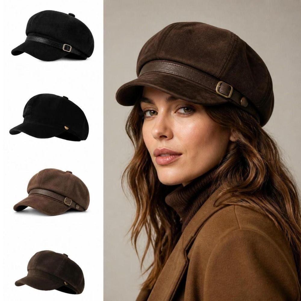 Leather Belt Decor Newsboy Cap British Style Octagonal Beret Hat Retro Baker Boy Cap For Women