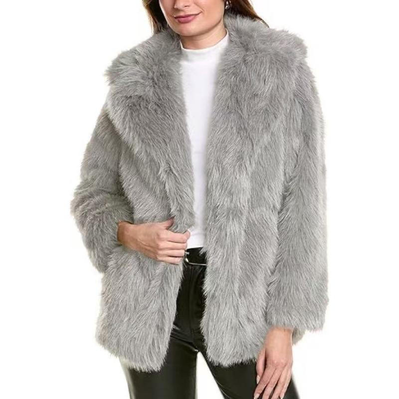 Women's Pink Faux Fur Coat Lapel Mid-Length Warm Winter Outerwear