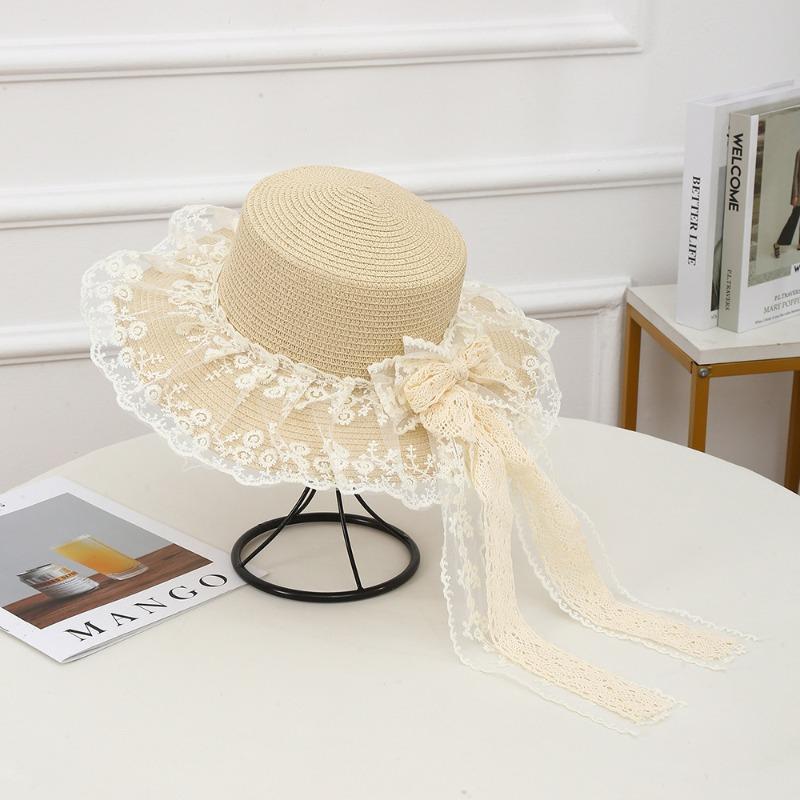 Summer Bow Sun Hat Female, Seaside Beach Vacation Sun Hat Outdoor Big Brim Sun Hat Sweet Straw Hat