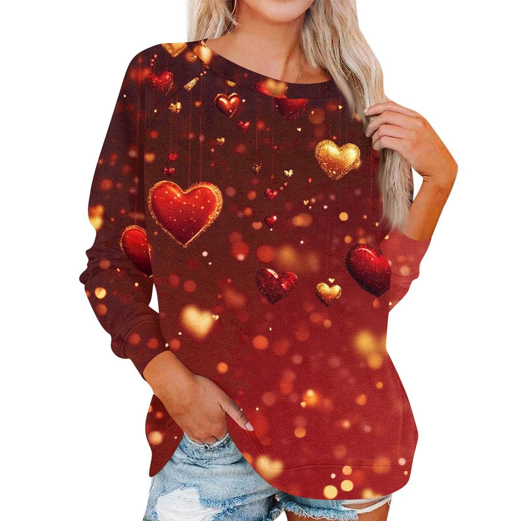 Damen Modisches Rundhals Schulter Langarm Valentinstag Bedrucktes Lässiges Pullover-Oberteil