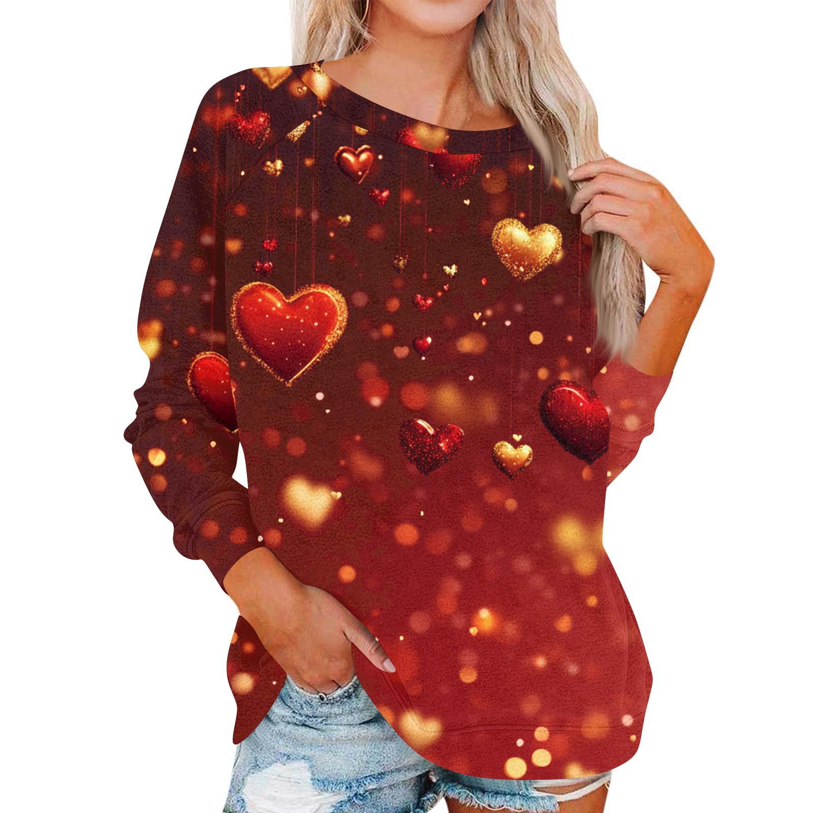 

Women s Fashionable Round Neck Shoulder Long Sleeved Valentine s Day Printed Casual Pullover Top XXL винний