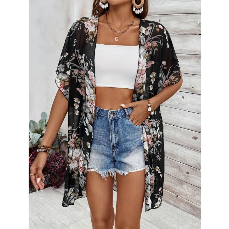 

Элегантный шифоновый кардиган-кимоно с цветочным принтом - Легкий, Прозрачный черный с ярким цветочным принтом, Короткий рукав, Открытый спереди, Кардиган в стиле кимоно S чёрный