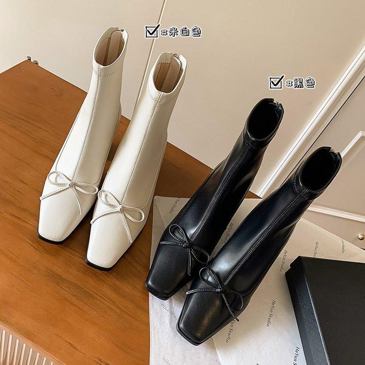 Bow Skinny Elastic Boots 2025 Autumn New Beige Skinny Boots Square Head Back Zipper High Heel Short Boots Women