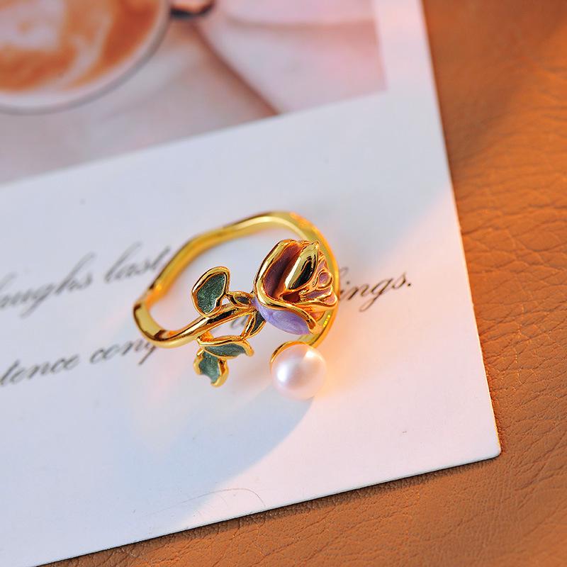 Retro smaltovaný květinový otevřený prsten - Vintage styl s kapkovým designem